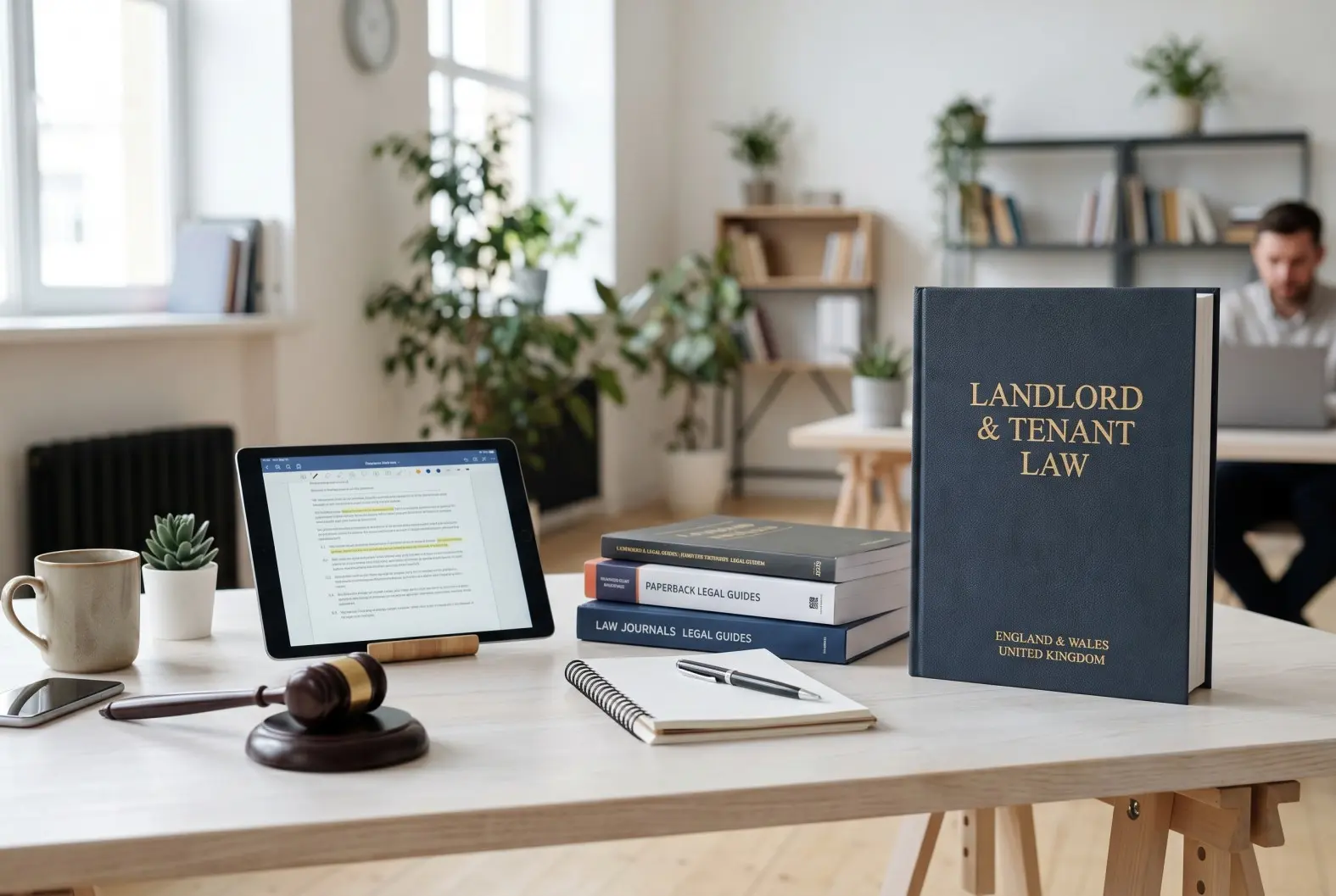 Researching Landlord Tenant Law for Landlord & Tenant Act 1985, Image Showing Tablet, Legal Books and Study