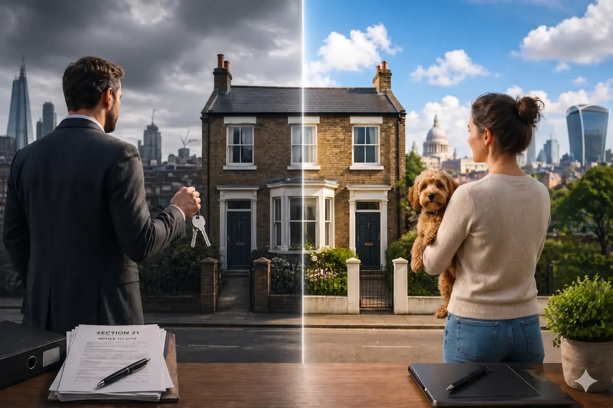 Comparison Before and After Renters’ Rights Act 2026 Changes - Woman Holding Her Pet Dog & Section 21 Changes